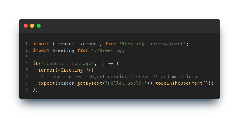 Code snippet that shows use of screen from react testing library