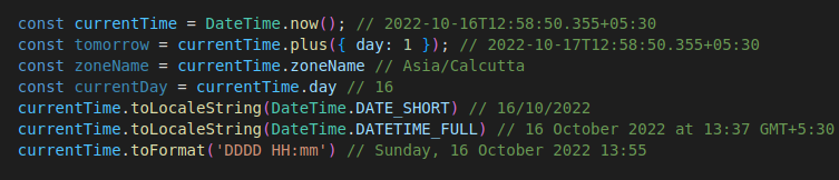 Example for using DateTime Class in Luxon